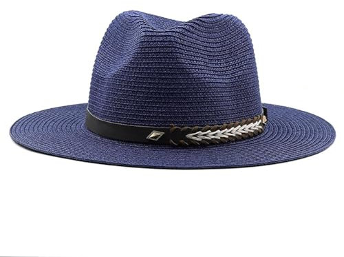 Sonnenhut Strohhut Hut Die Damen Breite Krempe Lässige Strohhüte Mit Gürtels Chnalle Jazz Hut Sonnen Atmungsaktiv Strand Kappe 52-54Cmverstellbar Navyblue