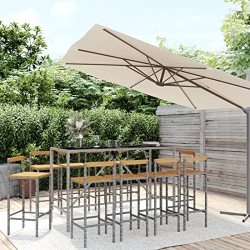 Gecheer 11-TLG.Gartenbar-Set Garten Bar Set Sitzgruppe Rattan Bar Tresen Theke Tisch Barset Garten Tisch Outdoor Gartenmöbel Set Grau Poly Rattan & Massivholz Akazie