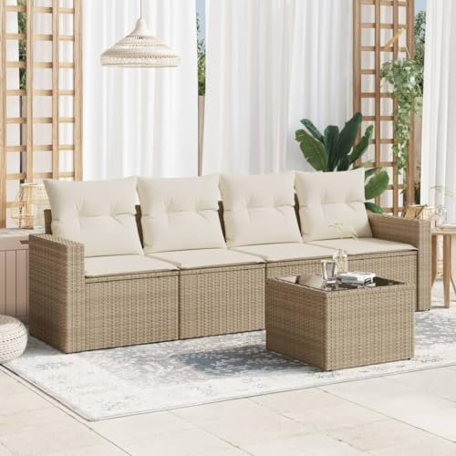 QJBSAVVA 5-TLG. Garten-Sofagarnitur, Lounge Sofa Terrassenmöbel Set Gartenmöbel Set Eckbankgruppe Geeignet für Garten Außen Wenig Platz Balkon mit Kissen Beige Poly Rattan