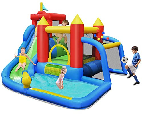 GYMAX 7 in 1 Kids Bouncy Castle, Inflatable Water Park with Slide, Splash Pool, Climbing Wall, Water Cannon, Jumping Area, Soccer Game & Ball Shooting Hole, Children Bounce House for 3-10 Years Old