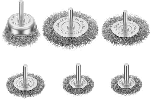 flintronic Wire Brushes Drills Set 6pcs, Metal Brushes with 1/4-Inch Shank Brush Brass Coated Wire Brush Wheel for Cleaning Rust , Polishing, Paint Removal and Cleaning Wood