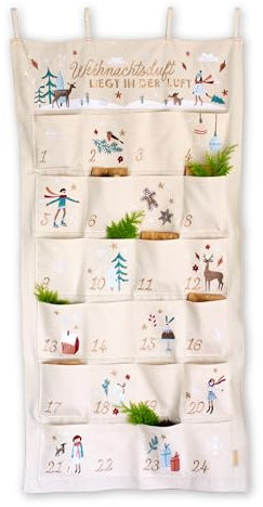Papierdrachen Adventskalender 2024 - als Wandkalender - Cheerful Christmas - beige - hochwertig bestickt mit Weihnachtsmotiven - zum selber Befüllen - mit großzügigen Taschen - Set 46