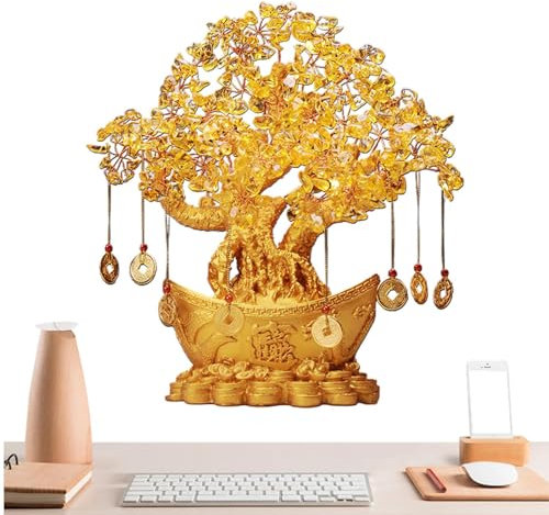 Crystal Money Tree - Golden Citrine Tree, Feng Shui Wealth Tree | Prosperity Citrine Bonsai, Abundance and Fortune Gemstone Tree, Glittering Crystal Coin Tree for Table, Desk, Shop, Home