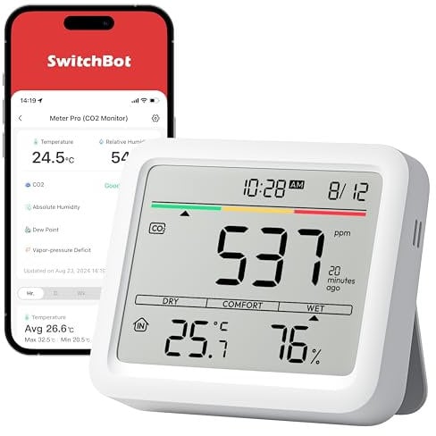 SwitchBot Monitor Calidad del Aire Interior, Estacion Meteorologica con Alarma CO2, Detectores de CO2, Termometro con APP, Bluetooth, Archivo de Datos 2-Años, se requiere SwitchBot Hub