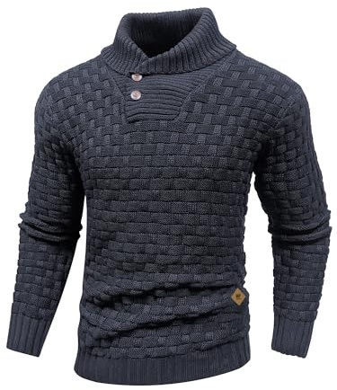HYPESTFIT Mens Knitted Sweater Crew Neck Warm Long Sleeve Pullover Textured Ribbed Edge Top Gunmetal Gray M