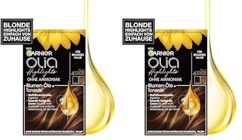 Garnier Haarfarbe Set für Strähnchen und Highlights in braunem Haar, Mit Blüten-Ölen und Tonerde, Ohne Ammoniak und Silikone, Bis zu 4 Stufen Aufhellung, Olia, Braun (Packung mit 2)