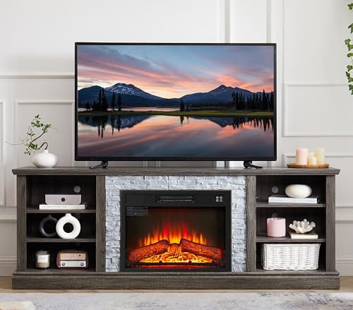 Chimeneas , Estante grande for almacenamiento de escritorio for TV con mesa consola multimedia envolvente de piedra apilada con gabinete de almacenamiento grande Soporte moderno for TV con inserto for