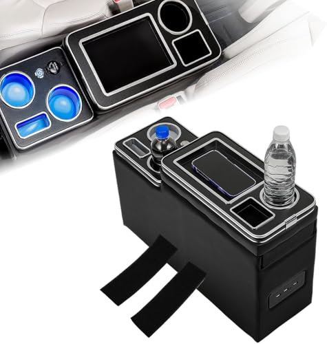 GEARCELL Centre Console with Shelves Storage Compartment, Centre Console Box with Cup Holder, USB Port, LED Lights, Cigarette Lighter Compatible with VW T5 T6 T6.1, Black