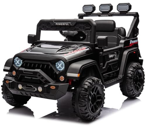 Kinder Elektroauto mit Verbesserter Akku 12V 7AH, Elektrofahrzeuge 3-Gang - 2 Betriebsmodi mit 2,4G-Fernbedienung, LED-Lichter, Bluetooth, Sicherheitsgurten für Kinder von 1-8 Jahren (Schwarz)