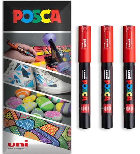 Posca - Water Based Permanent Marker Paint Pen - Multi Surface Use - PC-1M - Pack of 3 Pens in Wallet (Red)