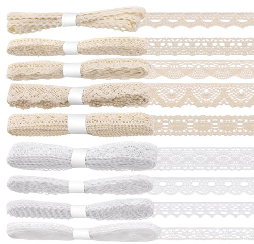 Glarks 9 Rollen 41m Baumwolle Spitze Trim, 9 Stile Beige und Weiß, Vintage Band Baumwolle Spitze Trim, Häkelband für Geschenk Paket Verpackung, Hochzeit Dekoration