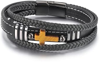 PiercingJak Herren Armband Kreuz Tigerauge Lederarmband geflochten Echtleder mit Naturstein Perlen Armreif Schwarz Mode Charm Schmuck Geburtstag Geschenke für Männer Papa Ehemann Freund