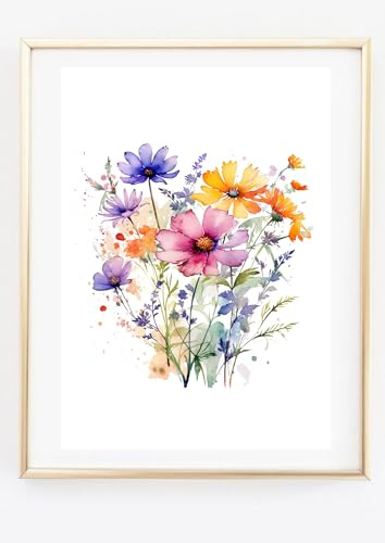 Din A4 Kunstdruck ohne Rahmen - Bunter Sommerstrauß Blumenstrauß Blumen Sommer - Aquarell Bild Druck Poster