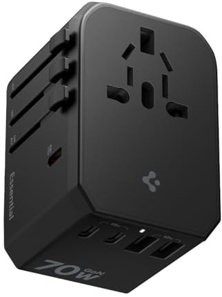 Spigen ArcStation Essential Adaptador Enchufe Universal 70W, Adaptador de Viaje con 3 USB-C PD y 2 USB-A, Universal para US/AU EU UK Más de 200 Países para Teléfonos, Tabletas y más - Negro