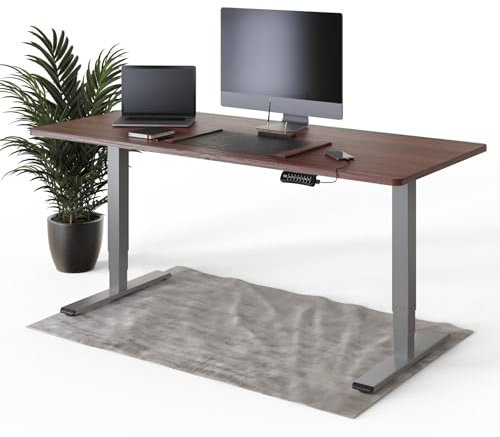 DESKSPACE PRO Plus Elektrisch höhenverstellbarer Schreibtisch - Ergonomischer Stehpult mit Memoryfunktion Kollisionschutz (Graues Gestell, Mahagoni Tischplatte, 180 x 80 cm)