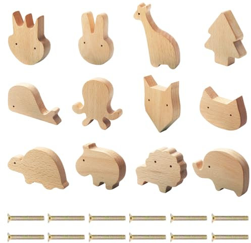 HO2NLE 12 Stück Schrankknöpfe Holz für Kinderzimmer Möbelknöpfe Tierformen Holzknäufe mit Tiermotiven Tier Holz Türknauf Kinder Schubladengriff für Dekoration