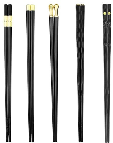 DOETYD 5 Pairs Fiberglass Chopsticks Reusable Fiberglass Chop Sticks Set Non Slip Fancy Dishwasher Safe Easy to Clean Japanese Chinese Korean Chopsticks for Kitchen & Dining Sushi Rice, Black