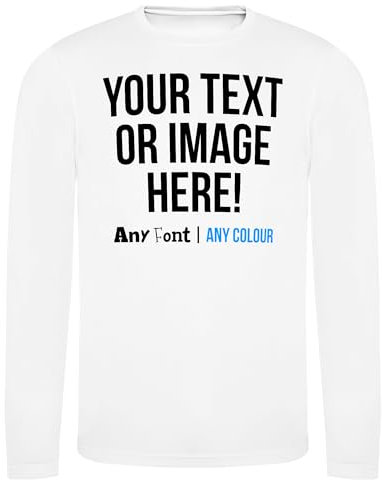 Custom Mens Long Sleeve Polyester T Shirt Personalised Any Text Image Logo Activwear Sports Performance Gym Workwear Long Sleeved Tee, M, White