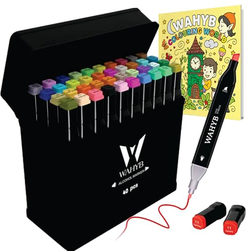 40 Colours Dual Tip Alcohol Markers + 1 Colouring book with Carrying bag & Storage Base, Colouring Pens for Adults & Artists, Art Markers, Permanent Felt Tip Pens, Sketching, Fun doodling & Manga