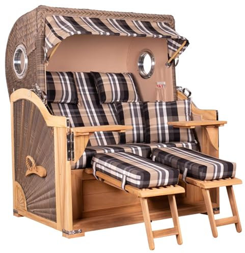 MR. DEKO® Strandkorb Baltikum 2,5-Sitzer Teak | PE Geflecht Grey | Volllieger Strandkörbe aus Teakholz mit 2 Bullaugen & Fußablagen | Liftersystem & Polster mit 4 Kissen | Strandstuhl (Dessin 583)