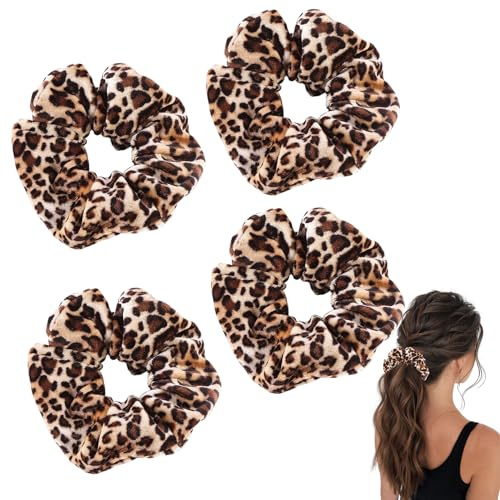 4 Stück Scrunchies Haargummi,Haargummis mit Leopardenmuster,Haar Dickes Scrunchie Haarband Elastisch,Haargummis Samt Leopard Groß,Leoparden Haarschmuck Damen für Lange Feine Lockiges Pferdeschwanz