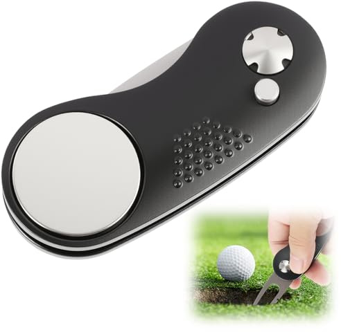 leruiyezs Pitchgabel Golf Klappbar Mit Ballmarker Und Hutclip Aus Edelstahl Und Aluminium Für Golfspieler Zur Reparatur Von Pitchmarken Auf Dem Grün, Tragbares Golf Pitchgabel Tool Für Outdoor-Einsatz