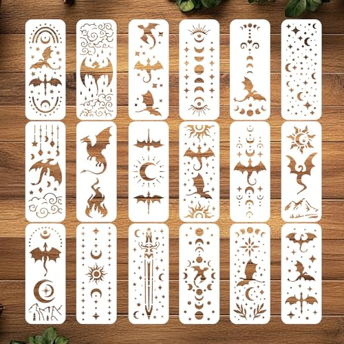 ORIGACH 18 Stück Fantasy Flugdrache Schablonen für DIY, Wiederverwendbar | Malerei Schablone, Kunststoff Wand Malen Schablonen, Malschablone Set für Scrapbooking Holz Boden Wand Fliesen, 12×30cm