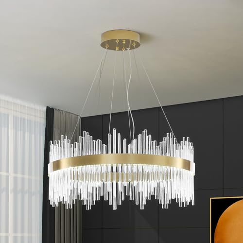 HvKvHvY Moderner Kristallleuchter, Led-Pendelleuchte In Gold, Deckenleuchte, Halb BüNdig Montierter Kronleuchter, HäNgelampe FüR KüChe, Wohnzimmer, Schlafzimmer, Flur, Treppenhaus, 60 Cm