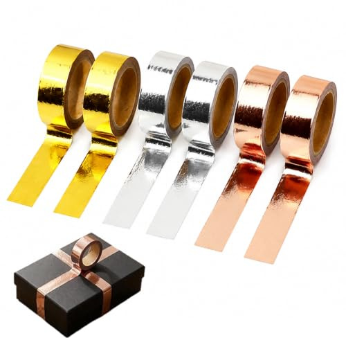 PMELCXD 6 Rollen Washi Tape 15 mm x 5 m – Goldfolie Metallic Klebeband in Gold, Silber & Roségold – Glänzendes Dekoband für Scrapbooking, Geschenkverpackung, DIY