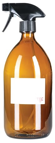 TEC Botella de spray de 1 litro de vidrio ámbar 65% reciclado, fabricado en Reino Unido, grande para limpieza y cabello, agua, aceite, jardinería, aceites esenciales, reciclable, con etiquetas