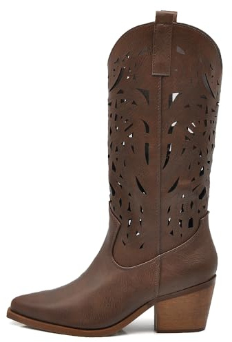 IF Stivali Texani Donna Western in Pelle Sintetica Vegana, Design Traforato, Tacco Medio e Punta Affusolata MP633-1 marrone 39