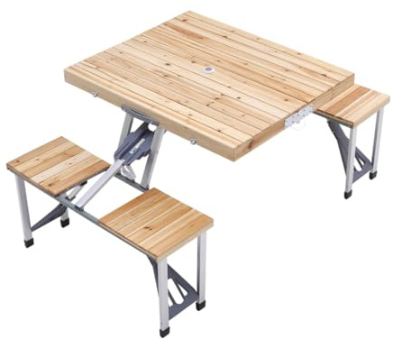 The Fellie Foldable Camping Picnic Table and Chairs Set Portable Outdoor Table with Parasol Hole and Chairs Stool for Camping, BBQ, Garden, Outdoor,81x138x67cm,Wood