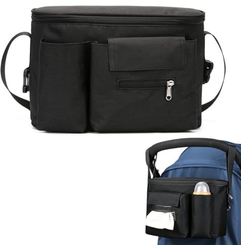Borsa passeggino per passeggino, borsa universale per passeggino con scomparto con cerniera e tracolla regolabile, pratica borsa per passeggino per riporre pannolini, biberon e smartphone