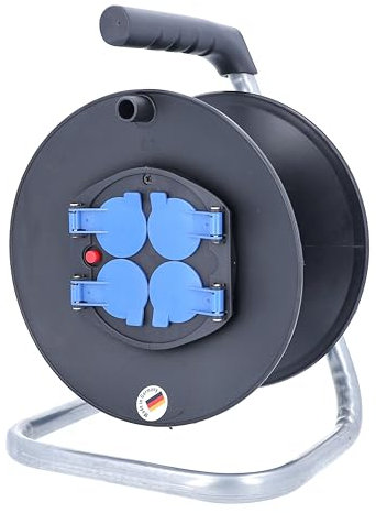 as - Schwabe Kunststoffkabeltrommel Leertrommel Ø230 mm für ca. 25 m Kabel, 4 Einbausteckdosen mit Klappdeckel 230V/16A, Thermoschutzschalter, IP20, Schwarz, 10205