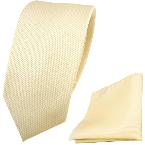 TigerTie - schmale Designer Krawatte + Einstecktuch beige elfenbein champagner Uni Rips - Binder Tuch