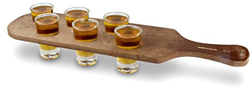 bar@drinkstuff Pine Shot Paddle Board with 6 City Shot Glasses - Drinks Paddle with Shot Glasses