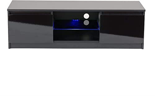 MMT Black TV Cabinet gloss Doors with LED lights, Engineered Wood, 140cm(w) for 60 TV's