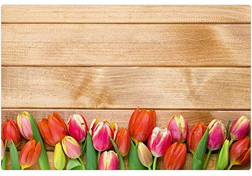 Tischsets 6er als abwaschbare Frühling und Ostern Tischdeko - Platzsets Tulpen Blumen Holzoptik als Tischuntersetzer in 43 cm - Platzdeckchen als Tischunterlage für Esstisch Wohnzimmer Tisch