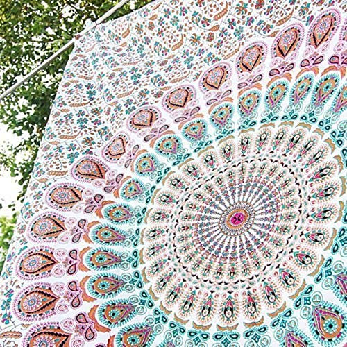 raajsee White Brown Tapestry Hippie Boho Beach Blanket Mandala Indian Cotton Throw - Home Décor Indie Rug Yoga Mat Meditation Picnic Rugs Queen (82x92 Inches / 208x232 Cms)