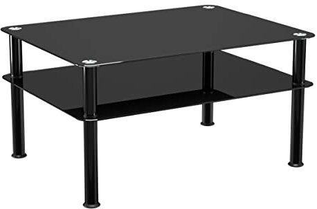 mahara Mesa de centro grande de cristal negro con patas negras, soporte para mesas de consola de cristal, vidrio templado de seguridad, para salas de estar, oficinas y zonas de espera