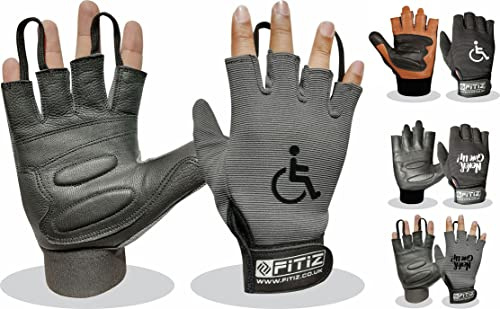 FITIZ Rollstuhlhandschuhe aus echtem Leder, gepolsterte Handschuhe, atmungsaktiv, fingerlos, Fahrradhandschuhe mit rutschfestem Griff, leichte Fahrradhandschuhe