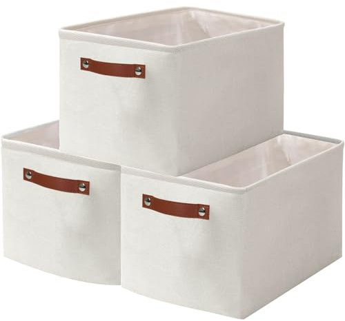 OUTBROS Collapsible Storage Baskets, 3 Pcs Fabric Boxes with Leather Handles, Bins for Organizing Home and Office, 37x26x20cm, Cream white