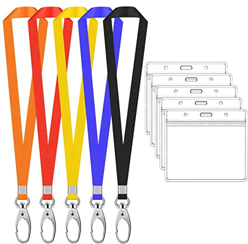 5 Pack Wasserdicht Kartenhülle Namensschilder mit Schlüsselband, Kunststoff Kartenhalter Ausweishülle mit Swivel Haken, PVC Ausweishalter mit Lanyard für Ausstellung Arbeit
