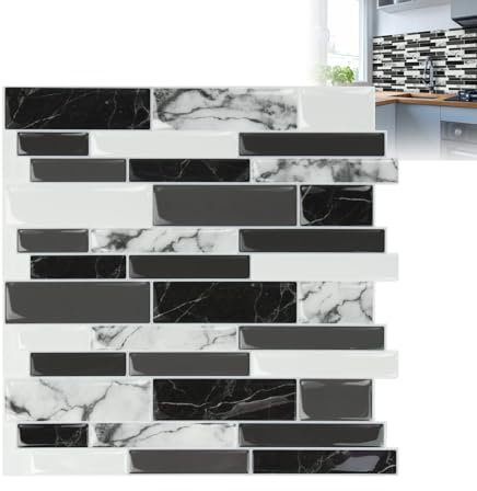 XMTECH 10 Stück 3D Fliesenaufkleber 30 x 30 cm,Badezimmer Fliesenfolie Marmor-Schwarz Fliesensticker für Bad Küche, Selbstklebend Wandfliesen Dekor, PVC Metro Fliesen Selbstklebend Fliesendekor