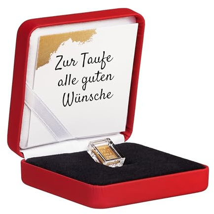 Gold zur Taufe - Goldbarren 1g in hochwertiger Kapsel inkl. Etui und Grußkarte - Geschenk zur Taufe (Etui rot)