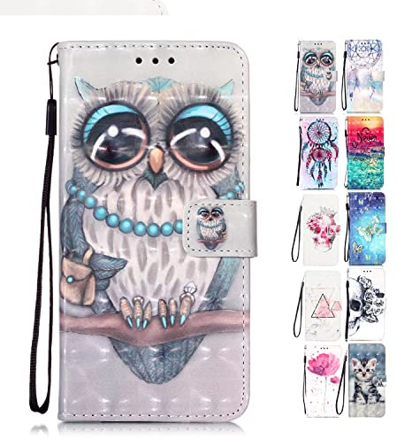 Leder Hülle für iPhone 7 Plus 8 Plus 6S Plus 6 Plus Tasche mit Kartenfach Muster Gitzer Schutzhülle Handyhülle Flip Case Klapphülle - Graue Eule
