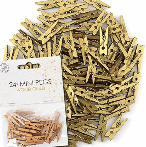 48x Mini Wäscheklammern aus echtem Holz | Größe: 25x10x4mm, mit Metallfeder, für Deko und zum Basteln | Miniklammern Holzklammern Klammer… (Gold)