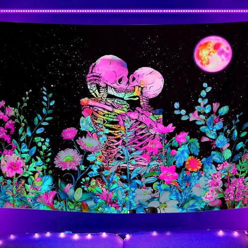 yivom Wandteppich 150x130cm, Schwarzlicht-Skelett Wandteppich, UV Wandteppich Skelett Mond Pflanzen Blume, UV Wand Tuch für Art Deco, Wandteppich Aesthetic