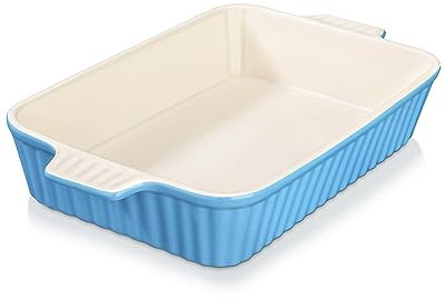 MALACASA Plato para Hornear, Cacerola para Horno, Sartén de Cerámica de 3.1 Cuartos de Galón, Sartén Rectangular para Lasaña Profunda con Asas para Cocinar Servir Pasteles, Cocina, Azul,