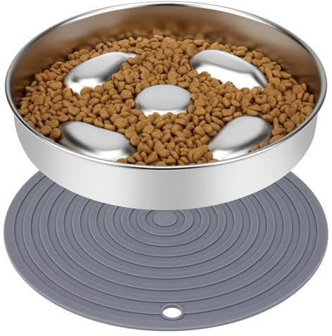 Slow Feeder Dog Bowl, ACEONE Stainless Steel Slow Feed with Non-Slip Silicone Mat, Metal Slow Feeding Pet Bowl for Medium Large Breeds(Bowl with Non-Slip Silicone Mat)